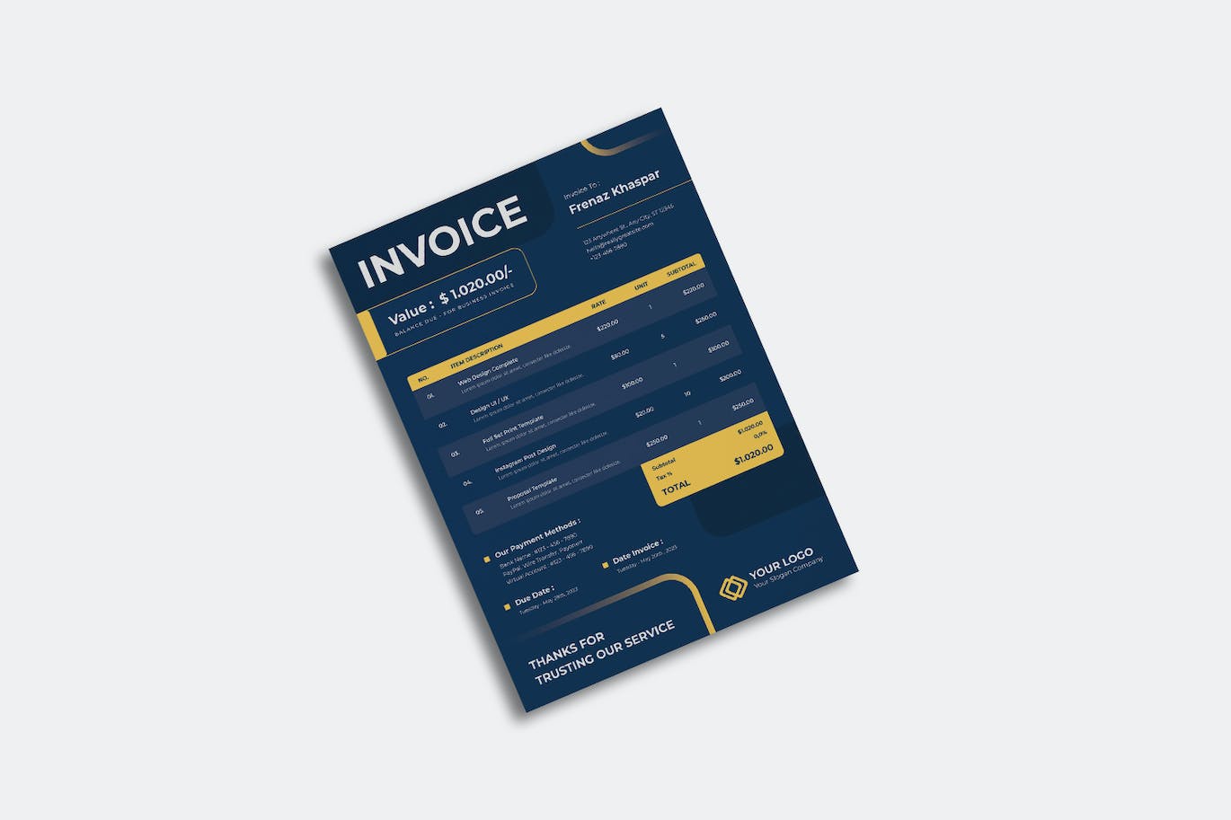蓝黄配色商业单据发票设计模板 Blue Yellow Invoice 设计素材 sucaiwan.com