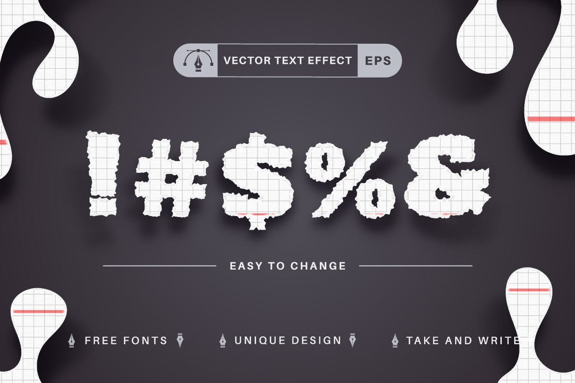 撕裂纸张矢量文字效果字体样式 Torn Paper – Editable Text Effect, Font Style 插件预设 sucaiwan.com
