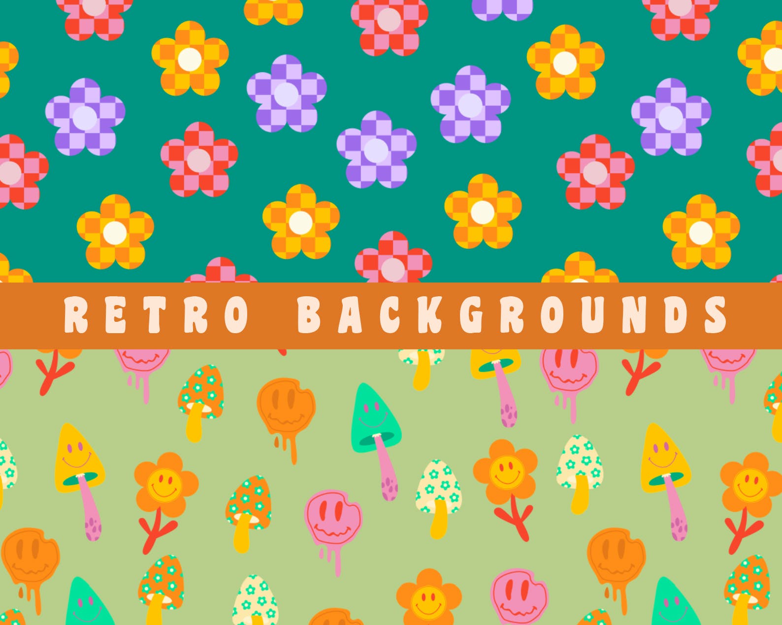 90年代复古嬉皮士无缝图案 Retro Hippie Seamless Patterns 90s 图片素材 sucaiwan.com