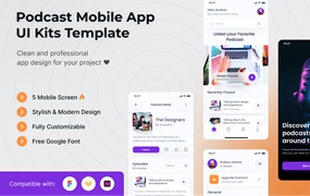 播客节目App移动应用UI套件模板 Podcasts Mobile App UI Kits Template