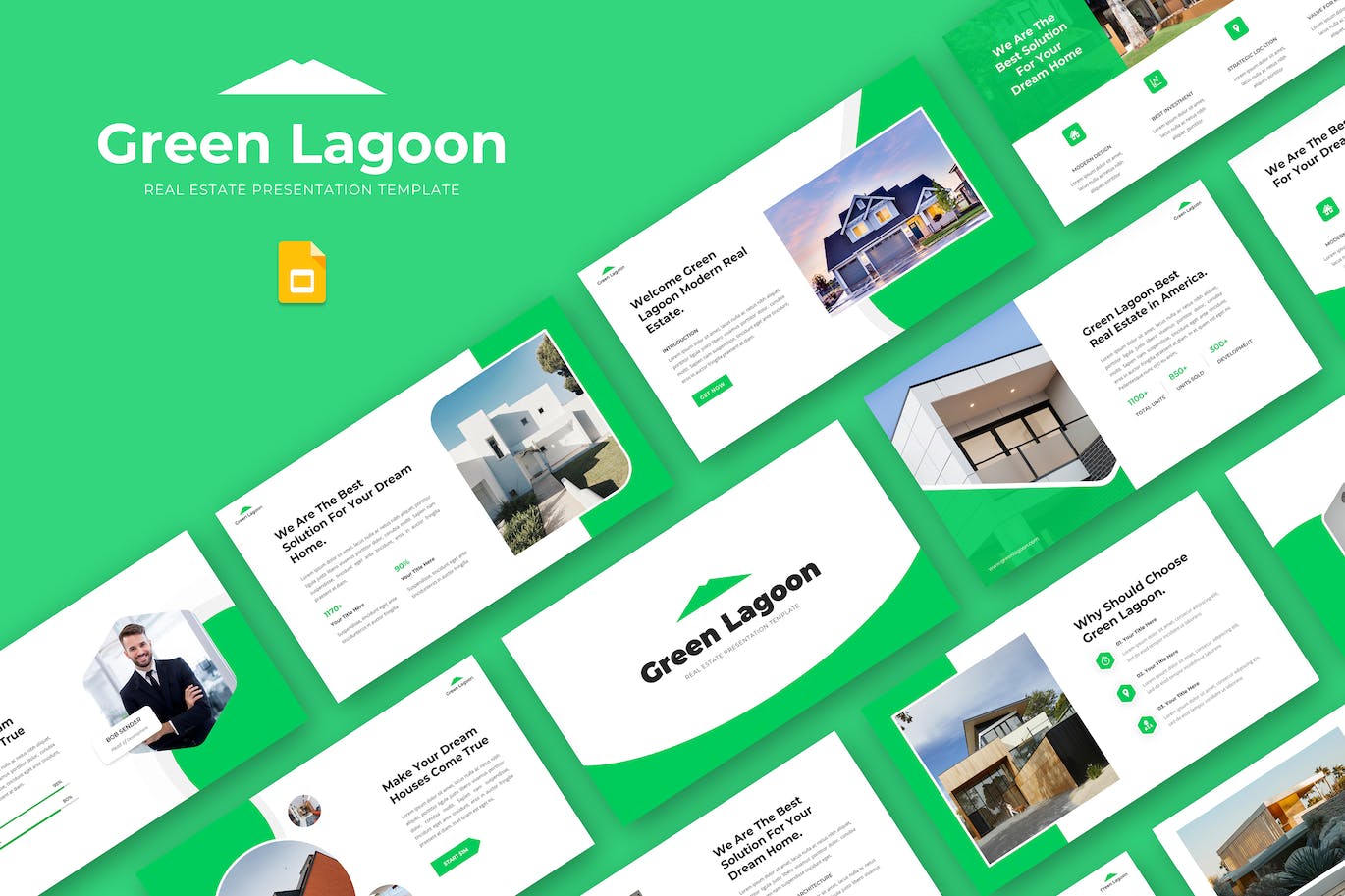 绿色房地产建筑谷歌幻灯片设计模板 Green Lagoon – Real Estate Google Slide Template 幻灯图表 sucaiwan.com