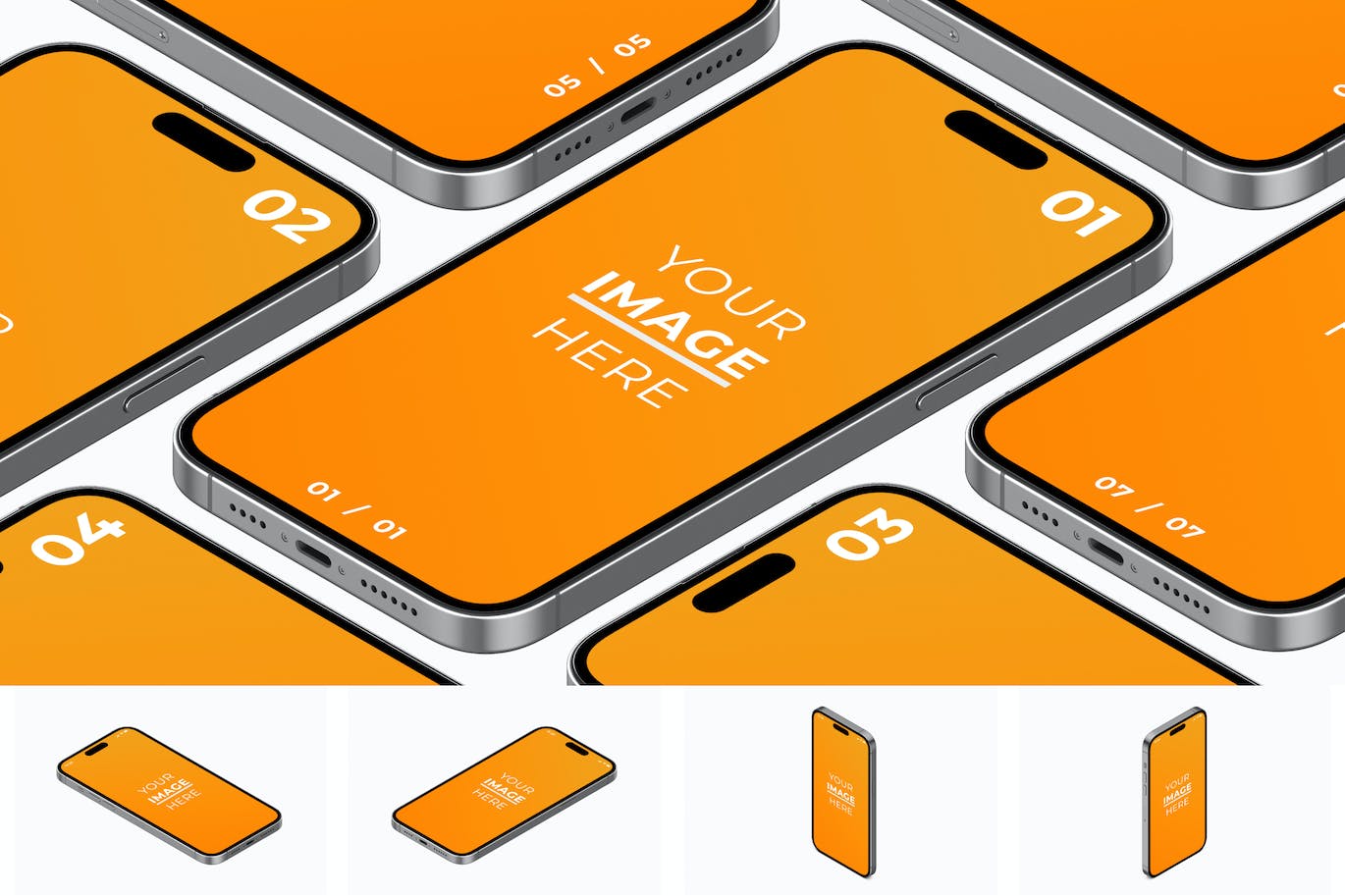 等距视图iPhone 14 Pro手机样机图 Phone 14 Isometric View Mockup Pack 样机素材 sucaiwan.com