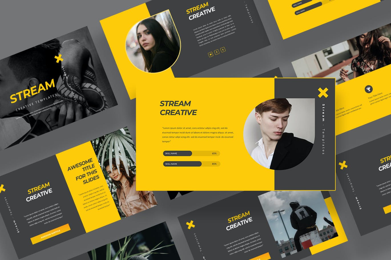 灰黄主题城市品牌Keynote幻灯片模板素材 Stream Fashion Keynote 幻灯图表 sucaiwan.com