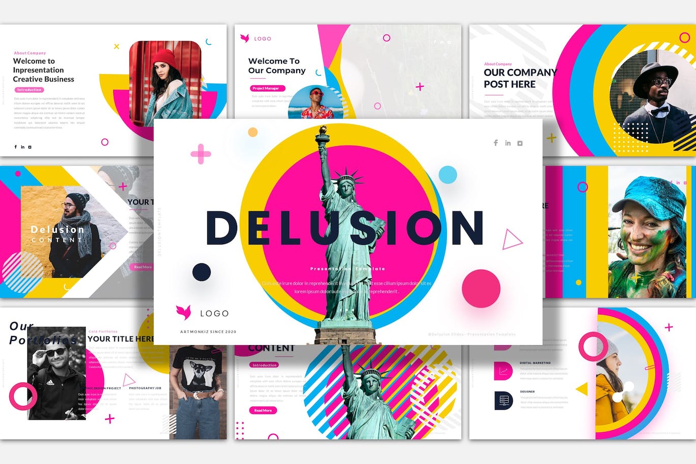 多彩元素谷歌幻灯片设计模板 Delusion Google Slides Modern Template 幻灯图表 sucaiwan.com
