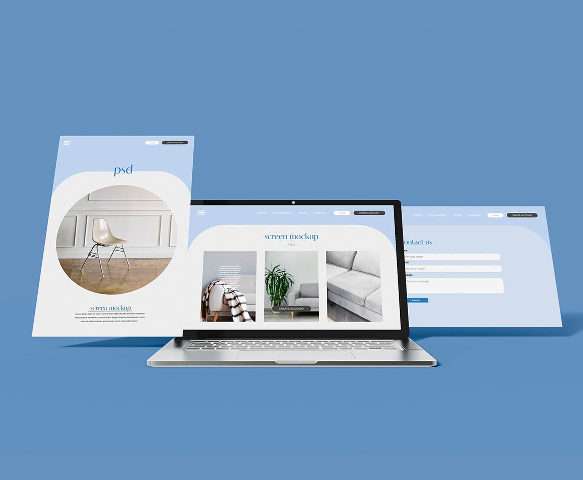 笔记本电脑与网页屏幕展示样机psd模板 Laptop with Web Page Screen Mockup 样机素材 sucaiwan.com