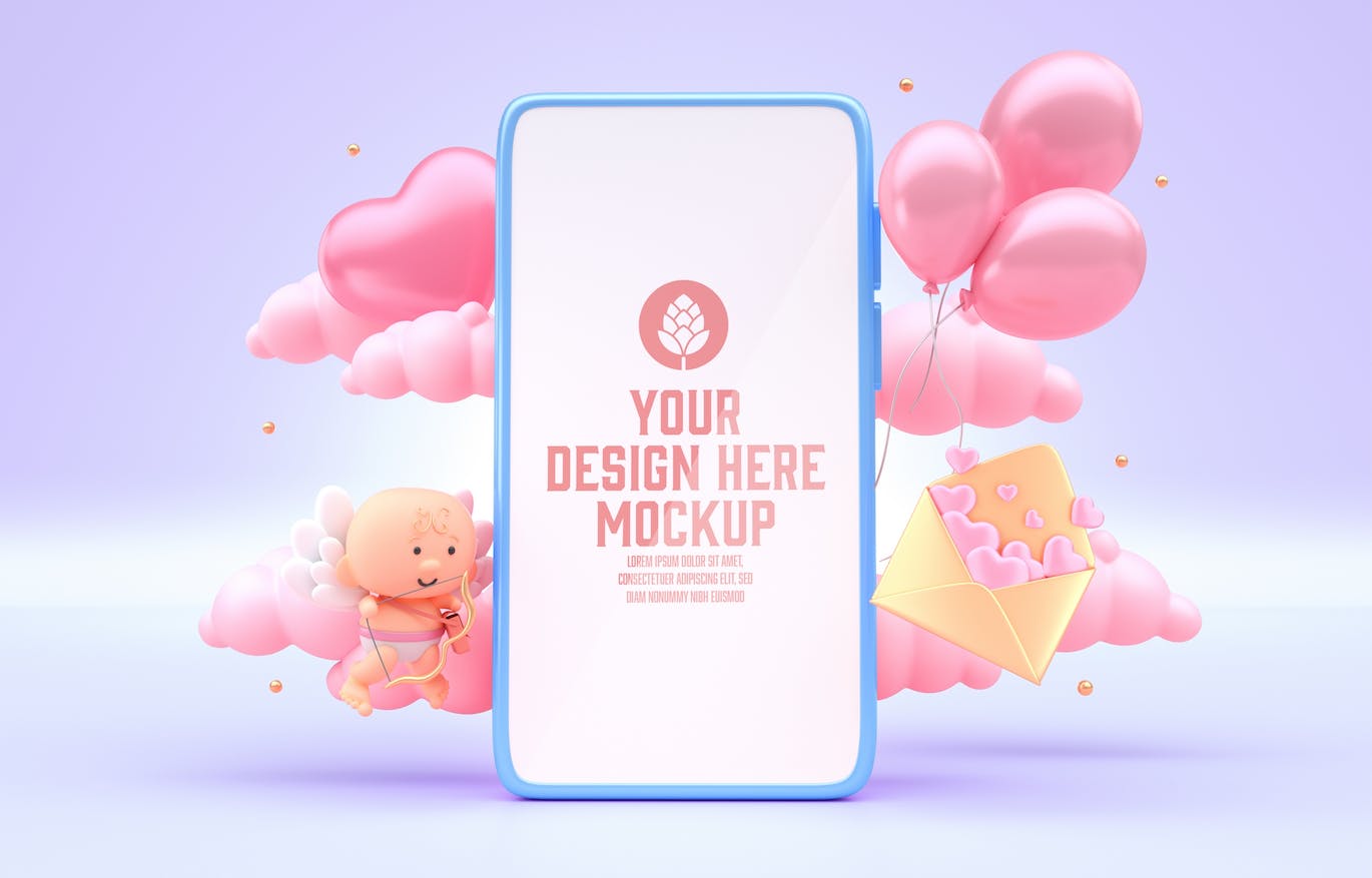 情人节3D装饰手机屏幕样机图psd素材 Set Valentine’s Day Concept with Mobile Mockup 样机素材 sucaiwan.com