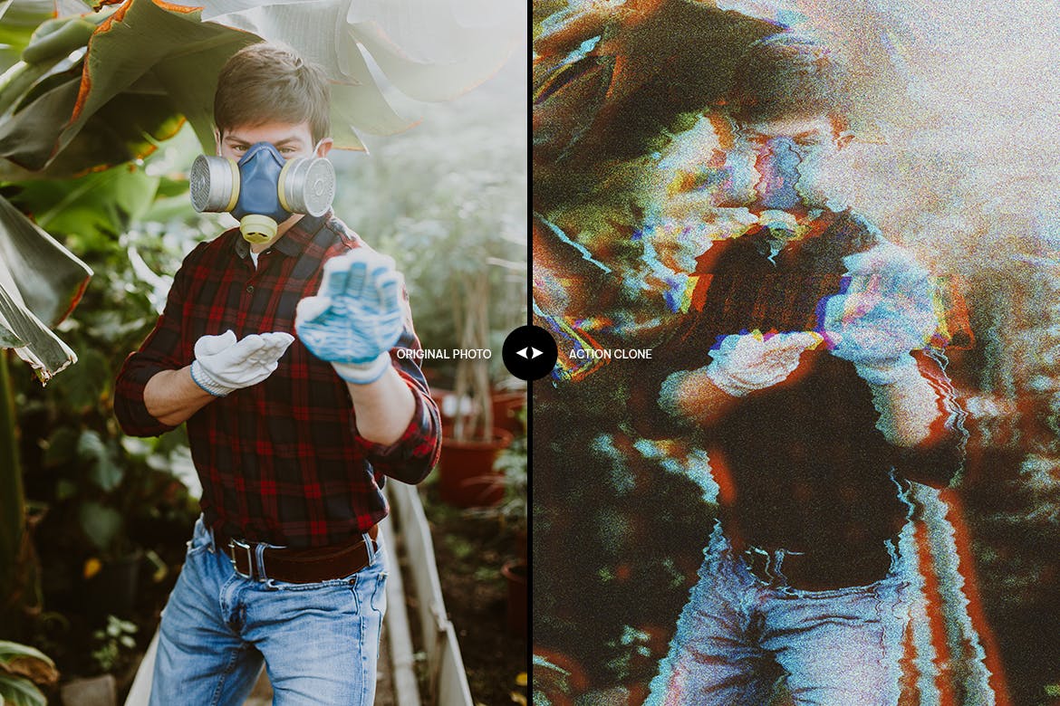 立体颗粒失真故障效果照片处理PS动作 Anaglyph Grain Glitch Photoshop Action 插件预设 sucaiwan.com
