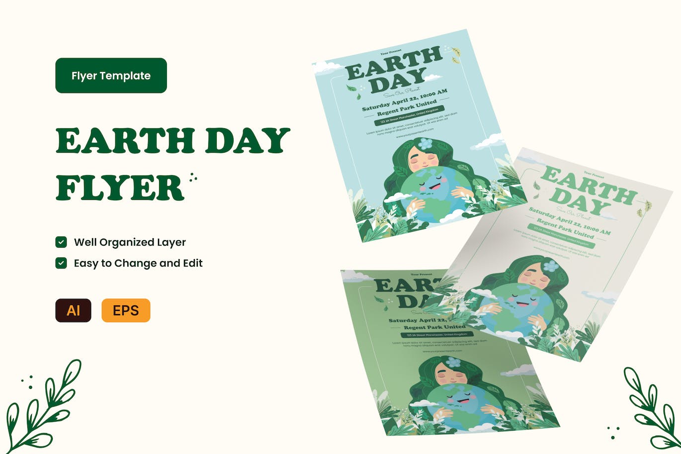地球日创意传单AI&EPS矢量模板 Earth Day Creative Flyer Ai & EPS Template 设计素材 sucaiwan.com