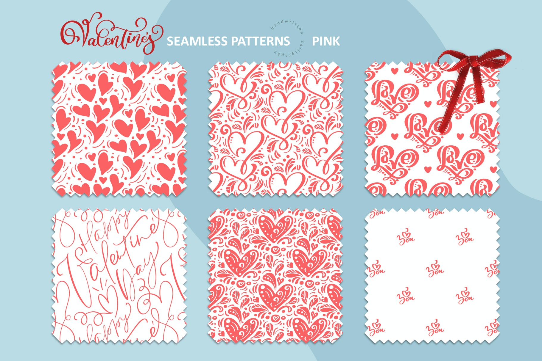 情人节爱心手绘无缝图案 Valentine`s Hand Drawn Seamless Patterns 图片素材 sucaiwan.com