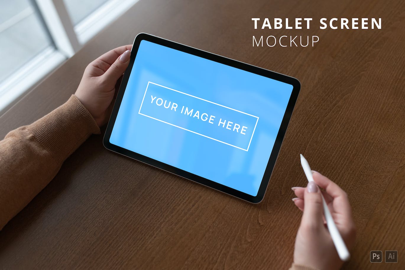 桌面使用场景iPad Air屏幕样机psd模板 iPad Air Screen Mockup in Woman’s Hand Over Table 样机素材 sucaiwan.com