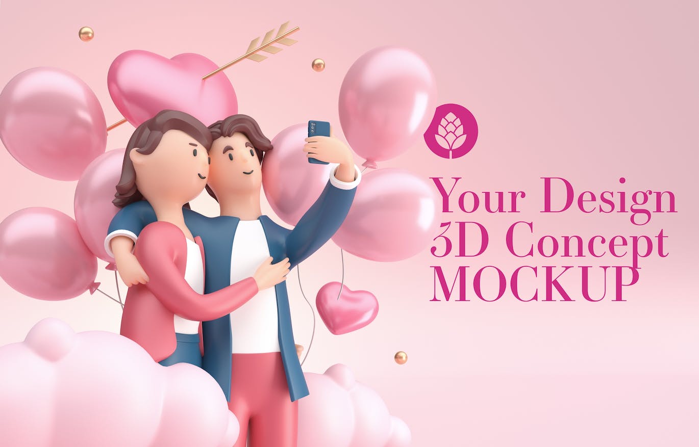 爱心情人节3D概念样机图psd素材 Set Valentine’s Day Concept Mockup 样机素材 sucaiwan.com