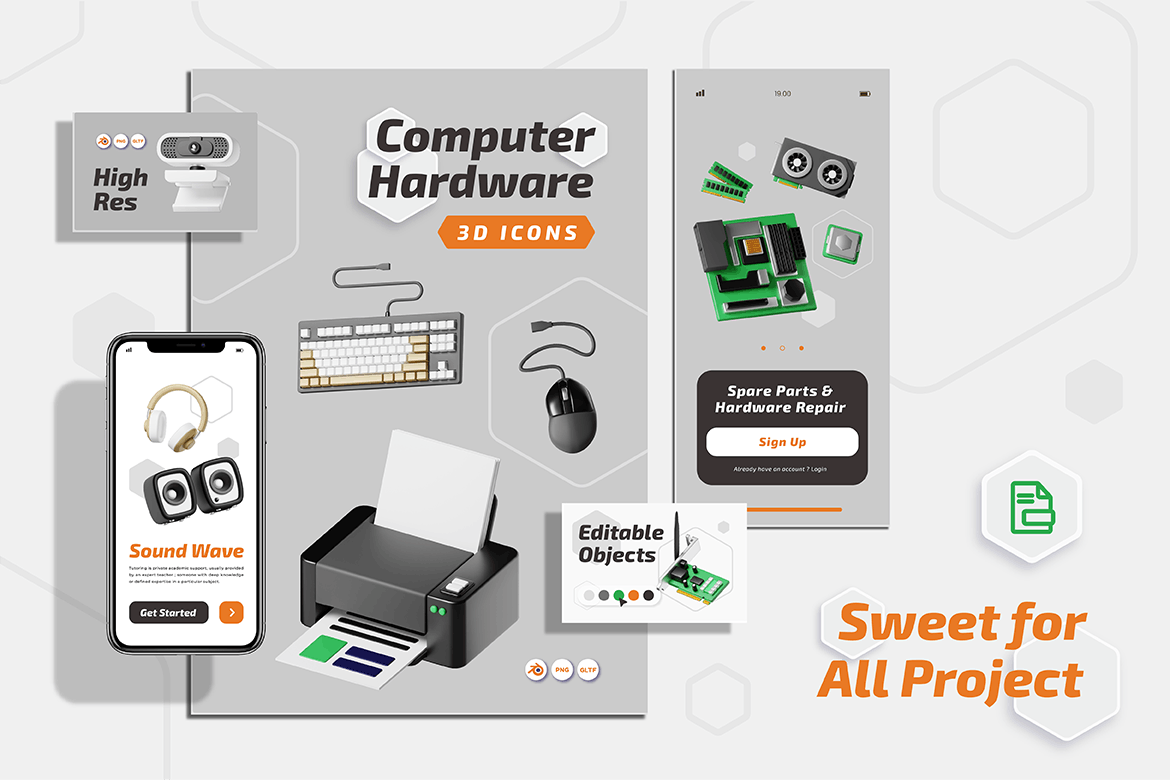 计算机硬件3D图标 Cubicle – Computer Hardware 3D Icon 图标素材 sucaiwan.com