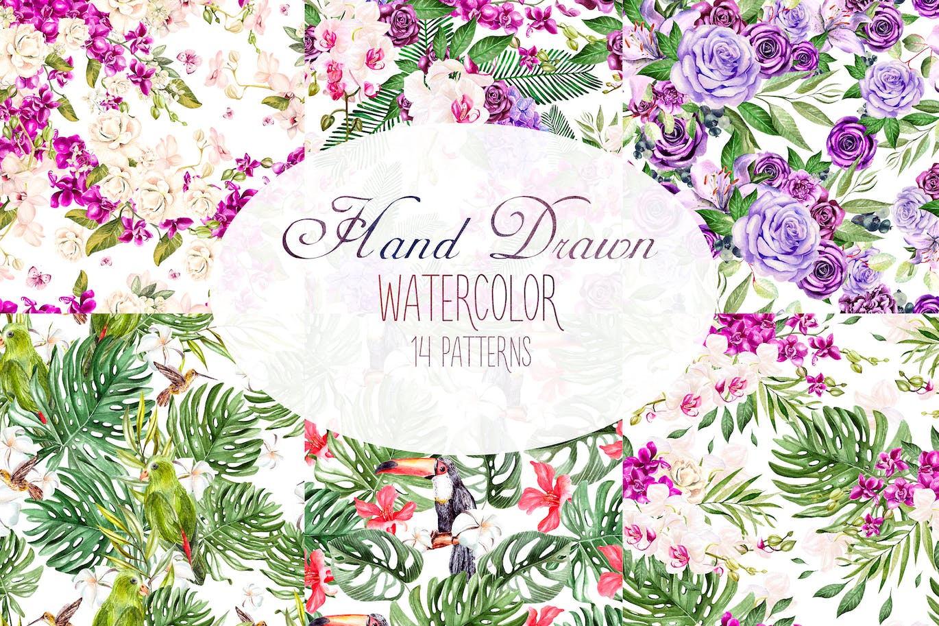 手绘水彩花卉叶子图案素材 Hand Drawn Watercolor 14 PATTERNS 图片素材 sucaiwan.com