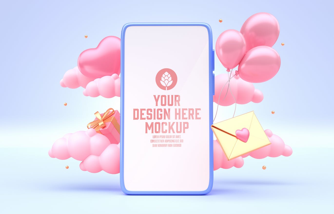 情人节3D装饰手机屏幕样机图psd素材 Set Valentine’s Day Concept with Mobile Mockup 样机素材 sucaiwan.com