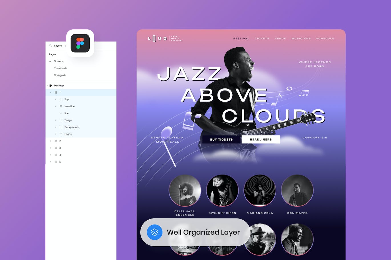 音乐节网站着陆页UI设计模板 Loud – Music Festival Landing Page APP UI sucaiwan.com