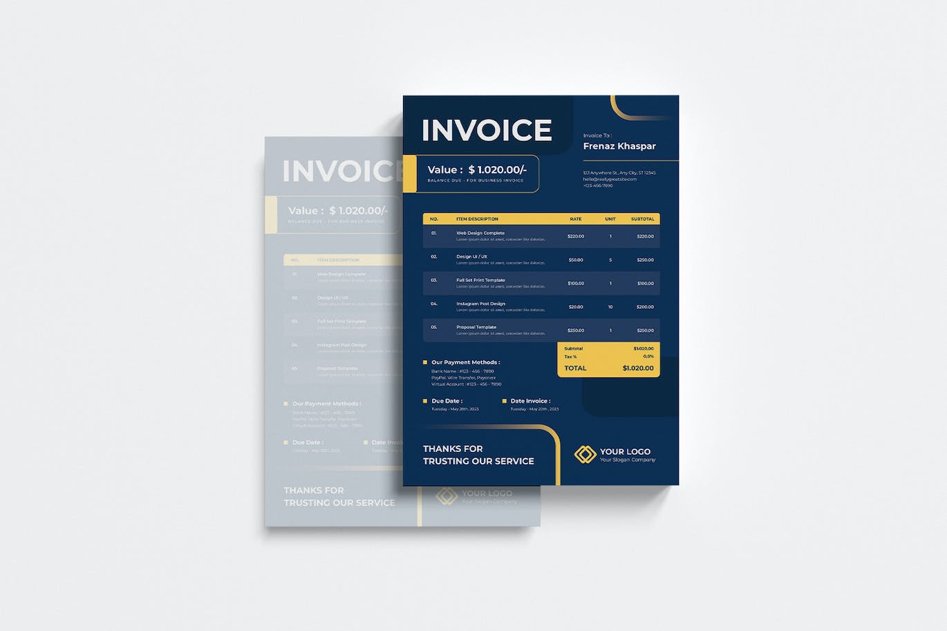 蓝黄配色商业单据发票设计模板 Blue Yellow Invoice 设计素材 sucaiwan.com