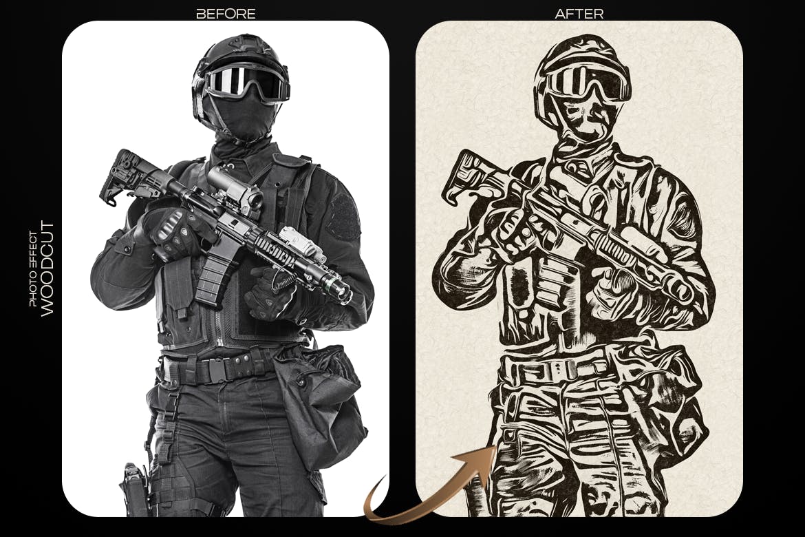 木刻印刷PS照片效果模板 Woodcut Printing Photoshop Effect 插件预设 sucaiwan.com