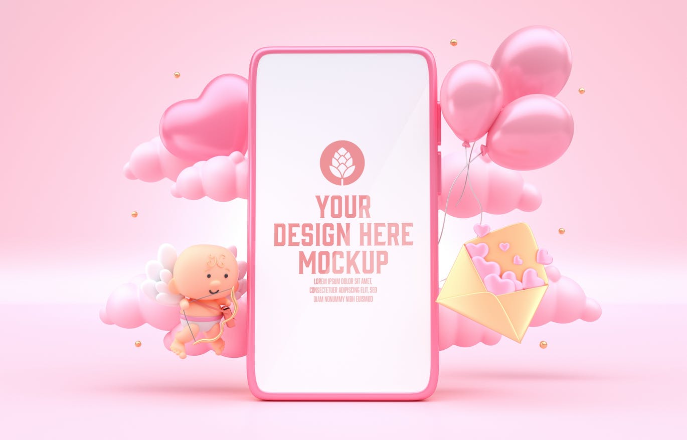 情人节3D装饰手机屏幕样机图psd素材 Set Valentine’s Day Concept with Mobile Mockup 样机素材 sucaiwan.com