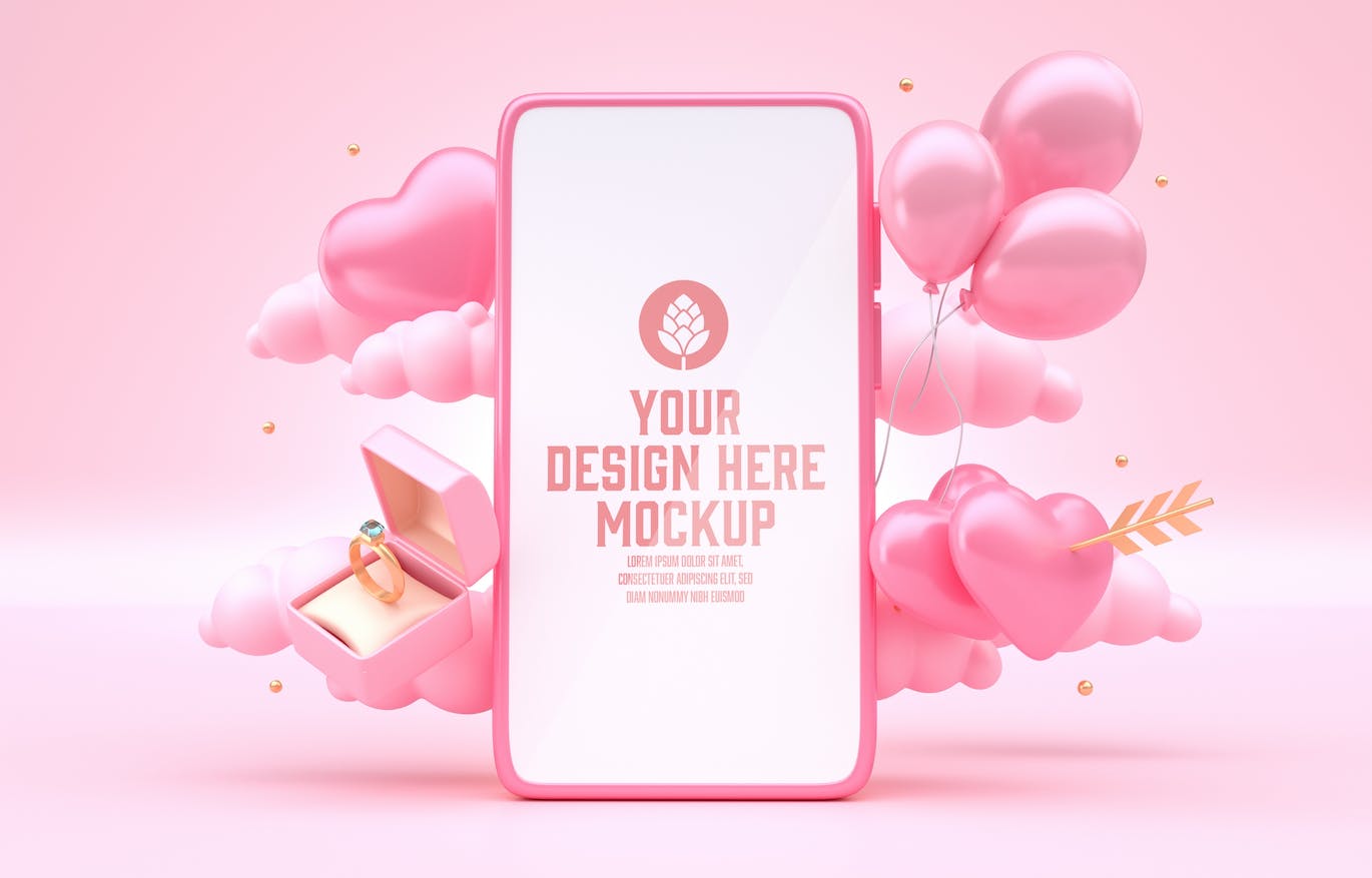 情人节3D装饰手机屏幕样机图psd素材 Set Valentine’s Day Concept with Mobile Mockup 样机素材 sucaiwan.com