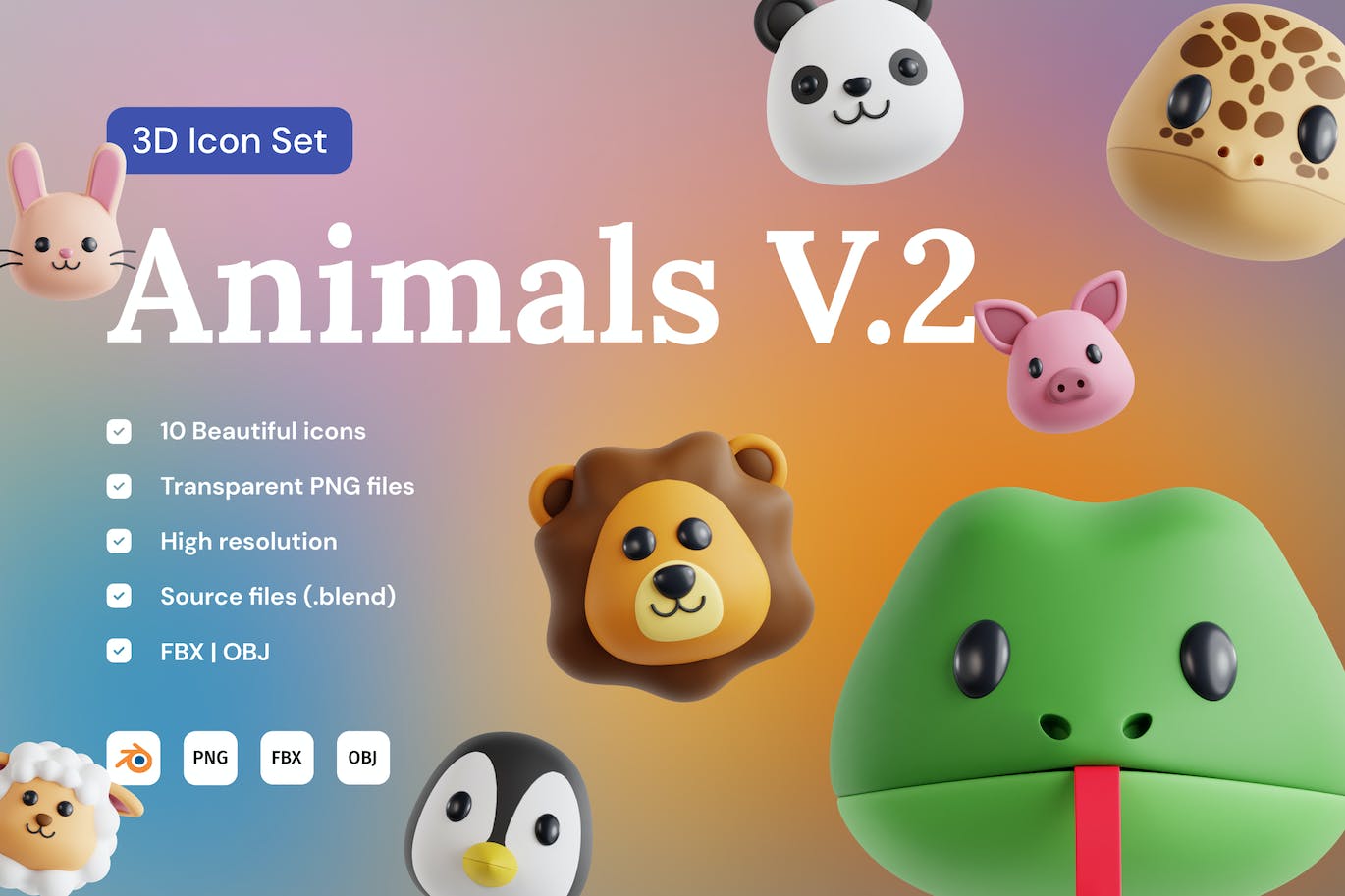 3D动物头像图标集v2 Animals v.2 3D Icon Set 图标素材 sucaiwan.com