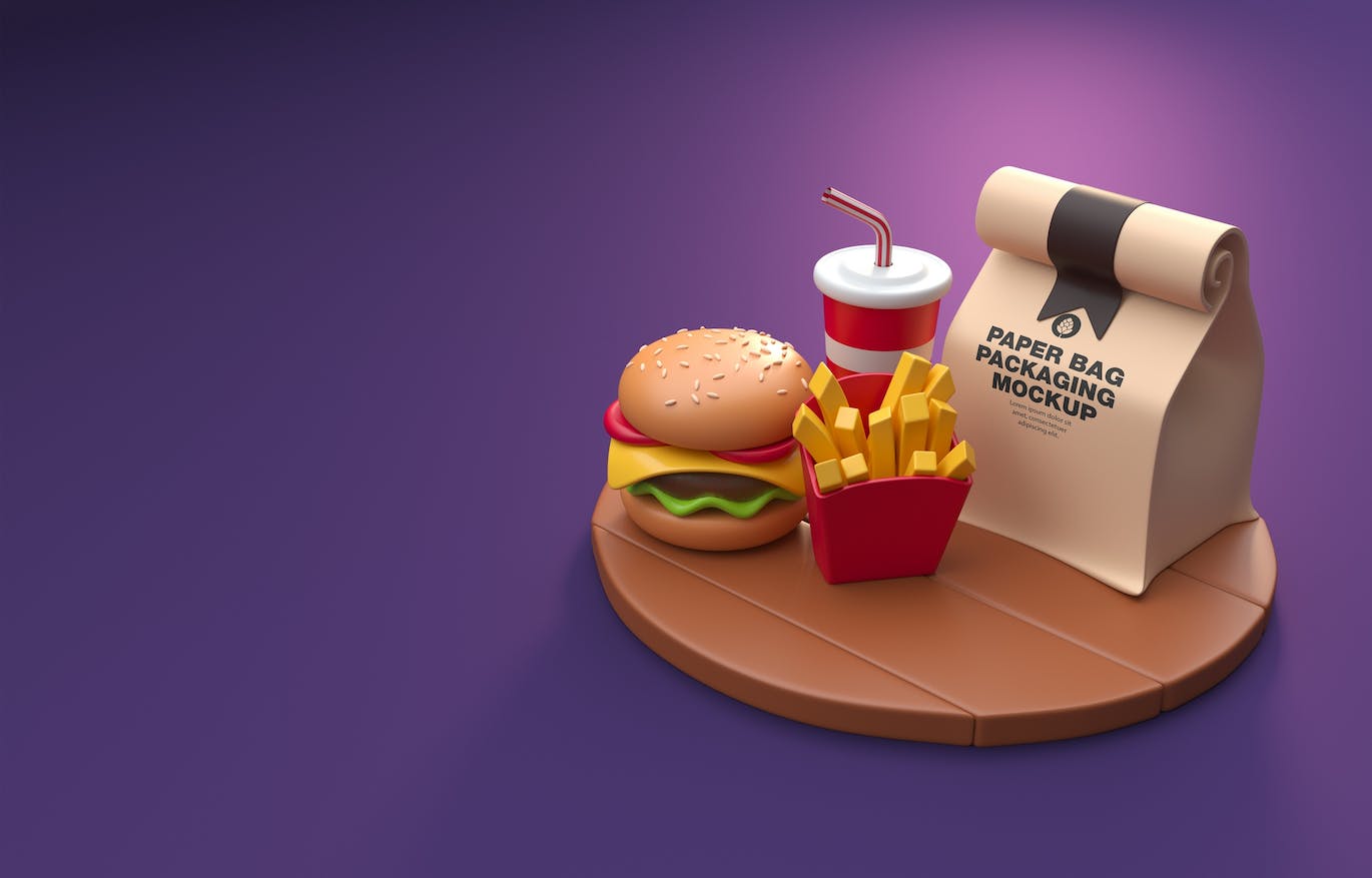 卡通快餐食品外卖包装样机图psd素材 Set Cartoon Fast Food Mockup 样机素材 sucaiwan.com