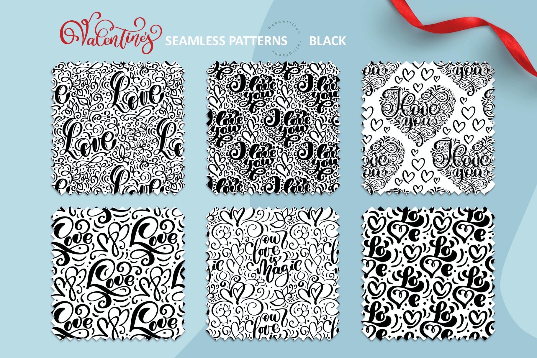 情人节爱心手绘无缝图案 Valentine`s Hand Drawn Seamless Patterns 图片素材 sucaiwan.com