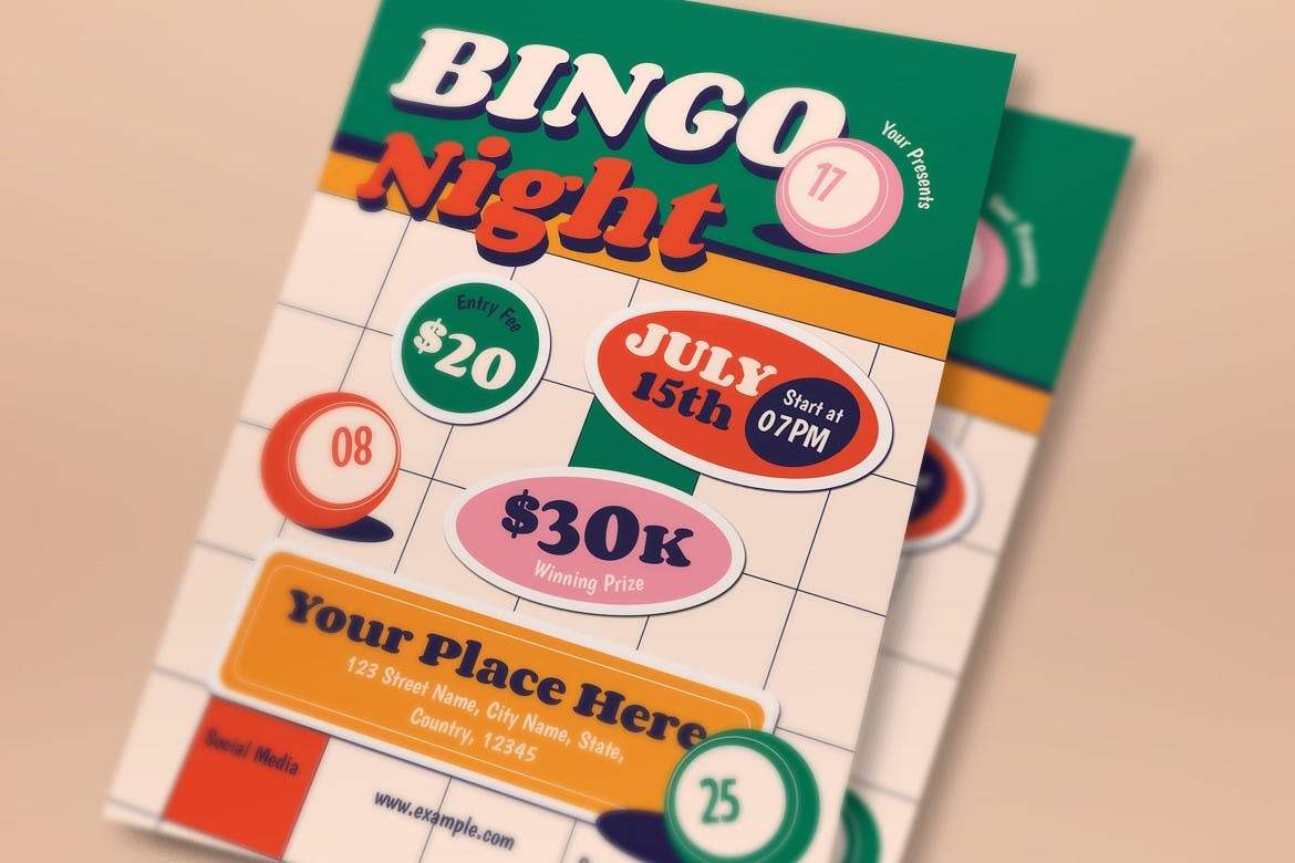 白色平面设计宾果之夜宣传单素材 White Flat Design Bingo Night Flyer Set 设计素材 sucaiwan.com