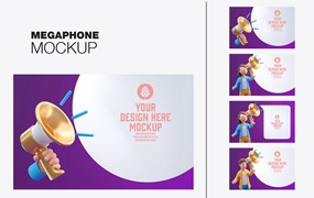 3D人物扩音器公告样机图psd素材 Set People Announcement Through Megaphone Mockup