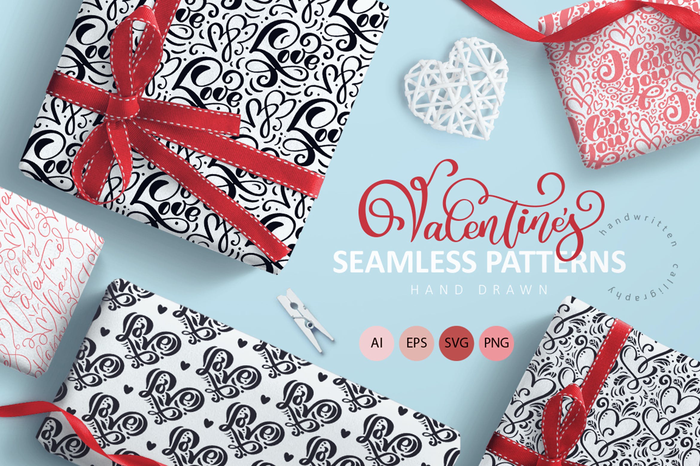情人节爱心手绘无缝图案 Valentine`s Hand Drawn Seamless Patterns 图片素材 sucaiwan.com