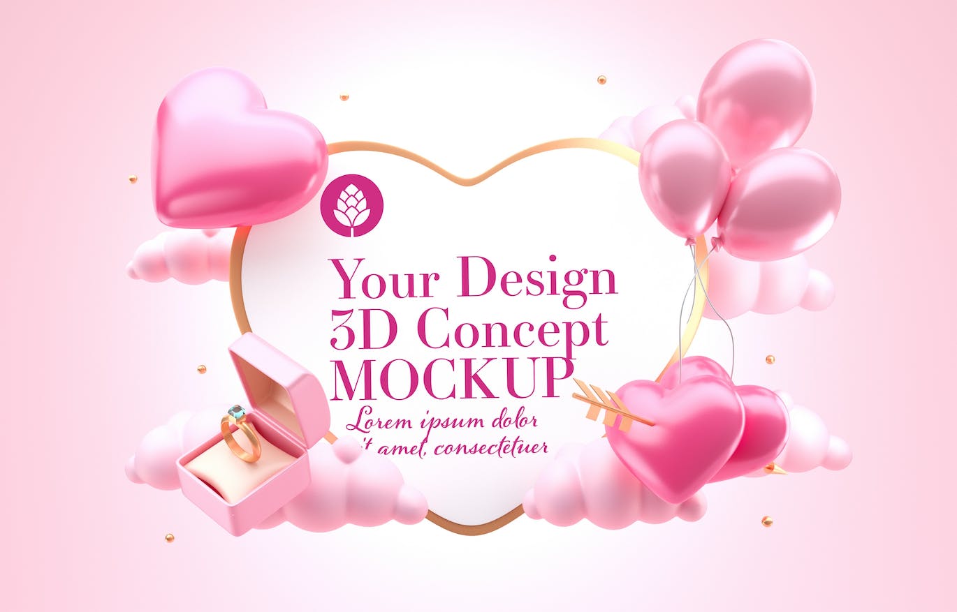 爱心情人节3D概念样机图psd素材 Set Valentine’s Day Concept Mockup 样机素材 sucaiwan.com