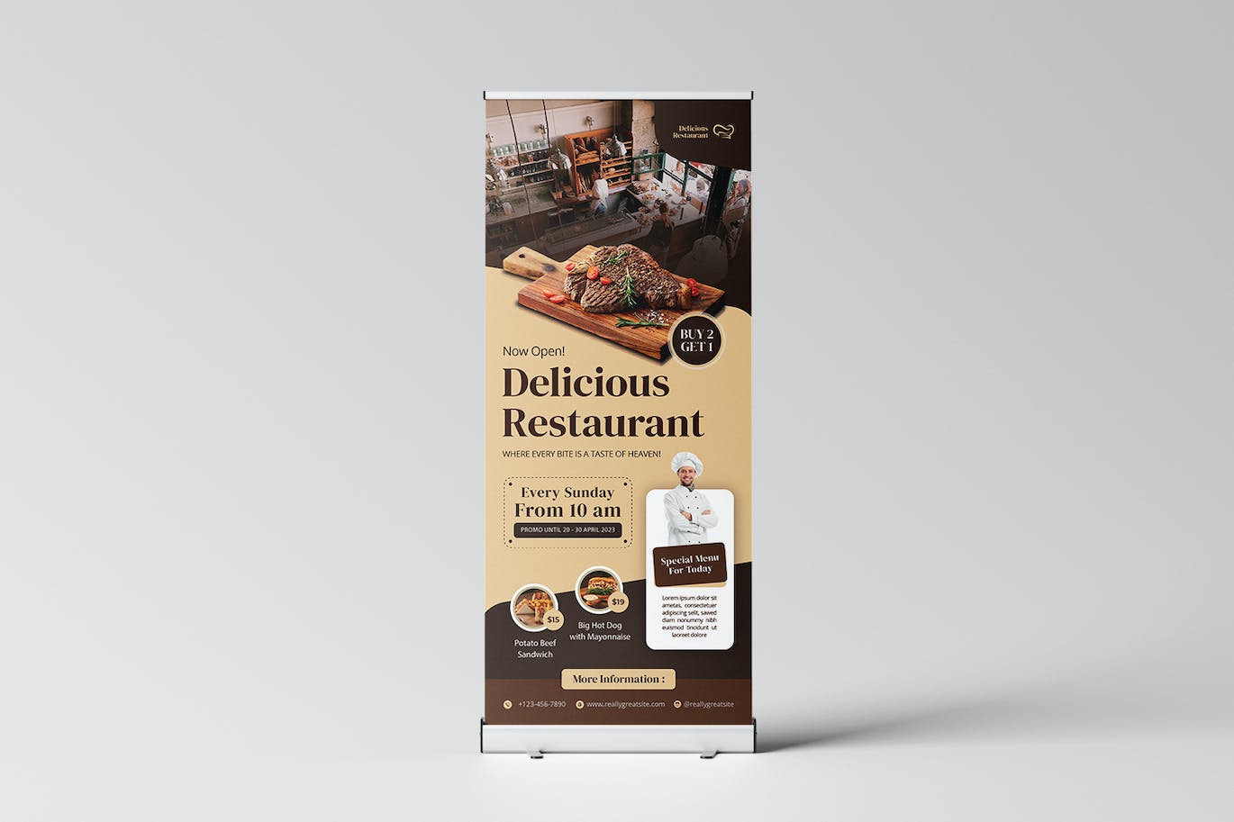 美味餐厅易拉宝模板 Delicious Resto Roll Up Banner 样机素材 sucaiwan.com