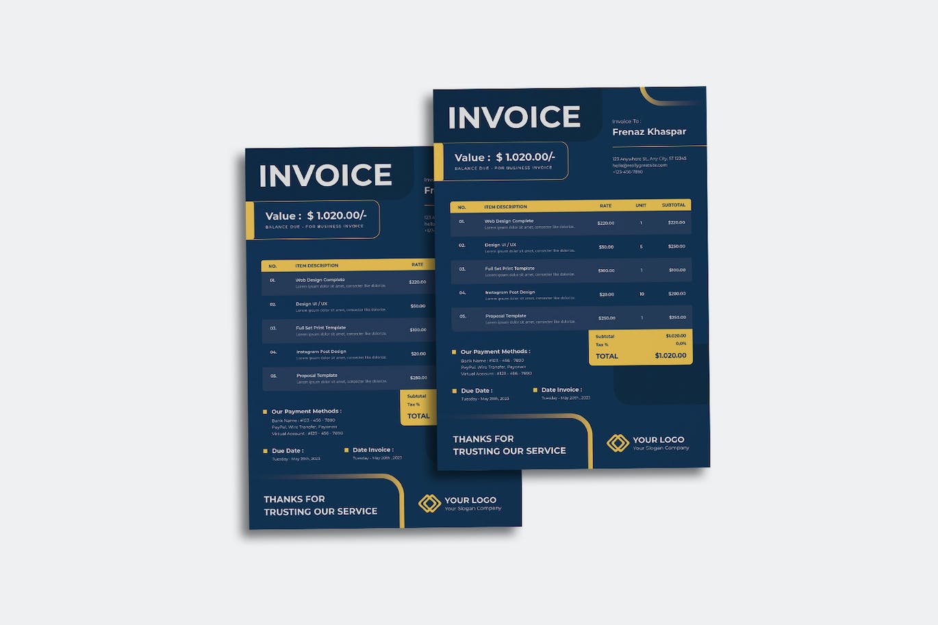 蓝黄配色商业单据发票设计模板 Blue Yellow Invoice 设计素材 sucaiwan.com