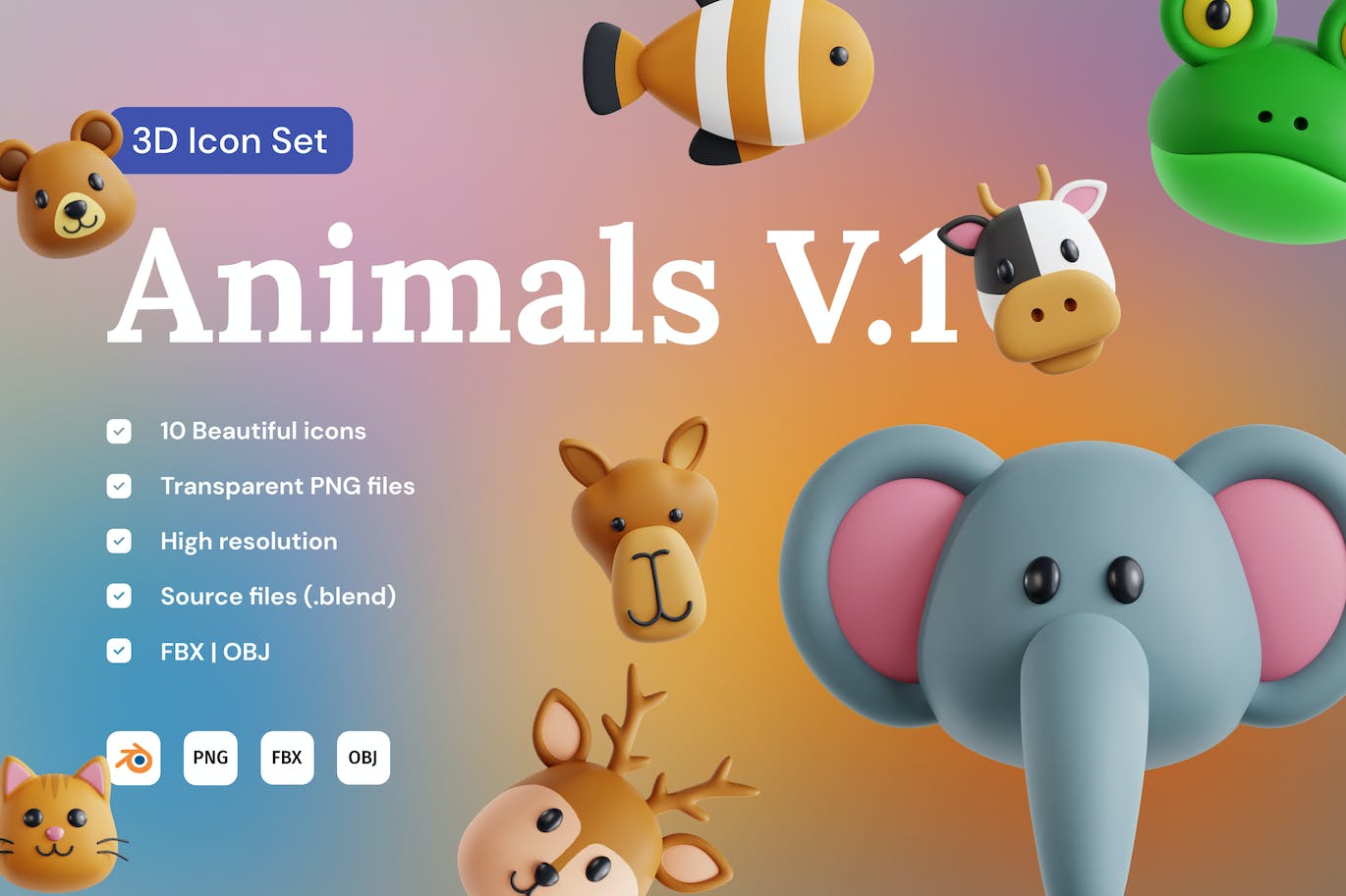 3D动物头像图标集v1 Animals V.1 3D Icon Set 图标素材 sucaiwan.com