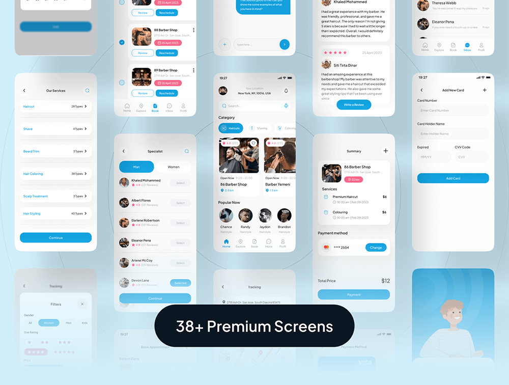 现代和简约风格的高级理发店移动应用程序UI套件 APP UI sucaiwan.com
