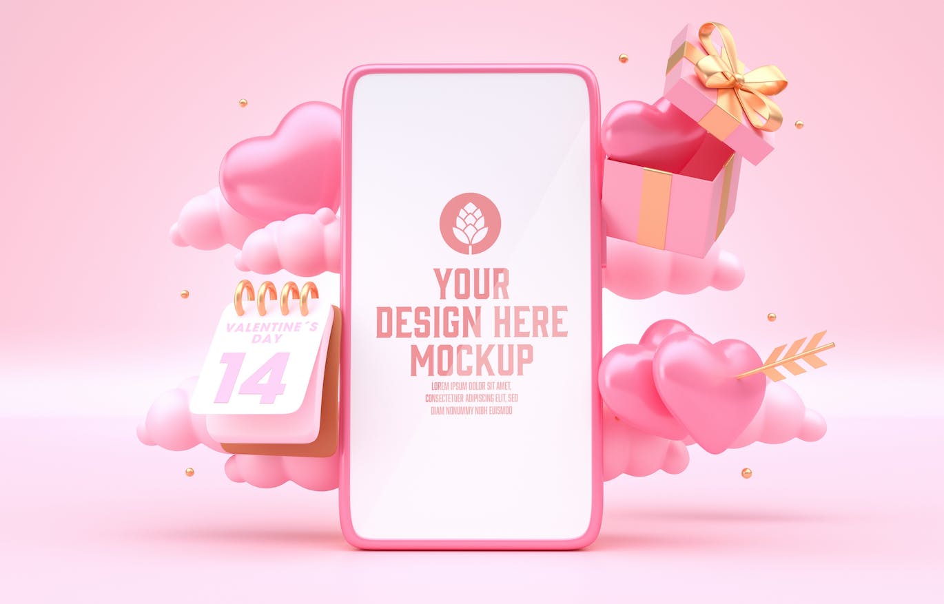 情人节3D装饰手机屏幕样机图psd素材 Set Valentine’s Day Concept with Mobile Mockup 样机素材 sucaiwan.com