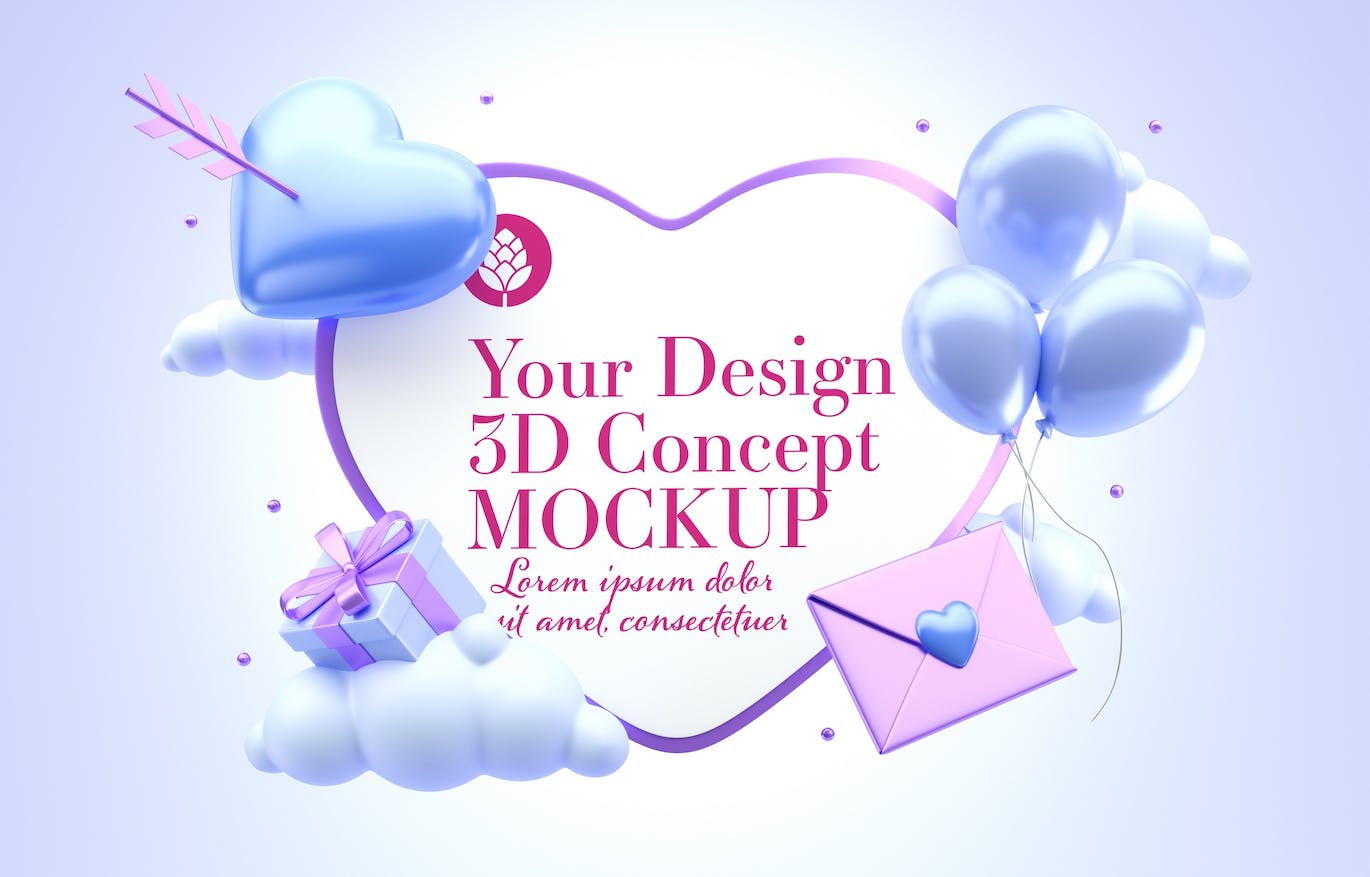 爱心情人节3D概念样机图psd素材 Set Valentine’s Day Concept Mockup 样机素材 sucaiwan.com