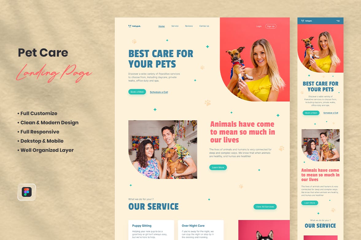 宠物护理网站着陆页设计模板 Pet Care Landing Page – Hellyguk APP UI sucaiwan.com