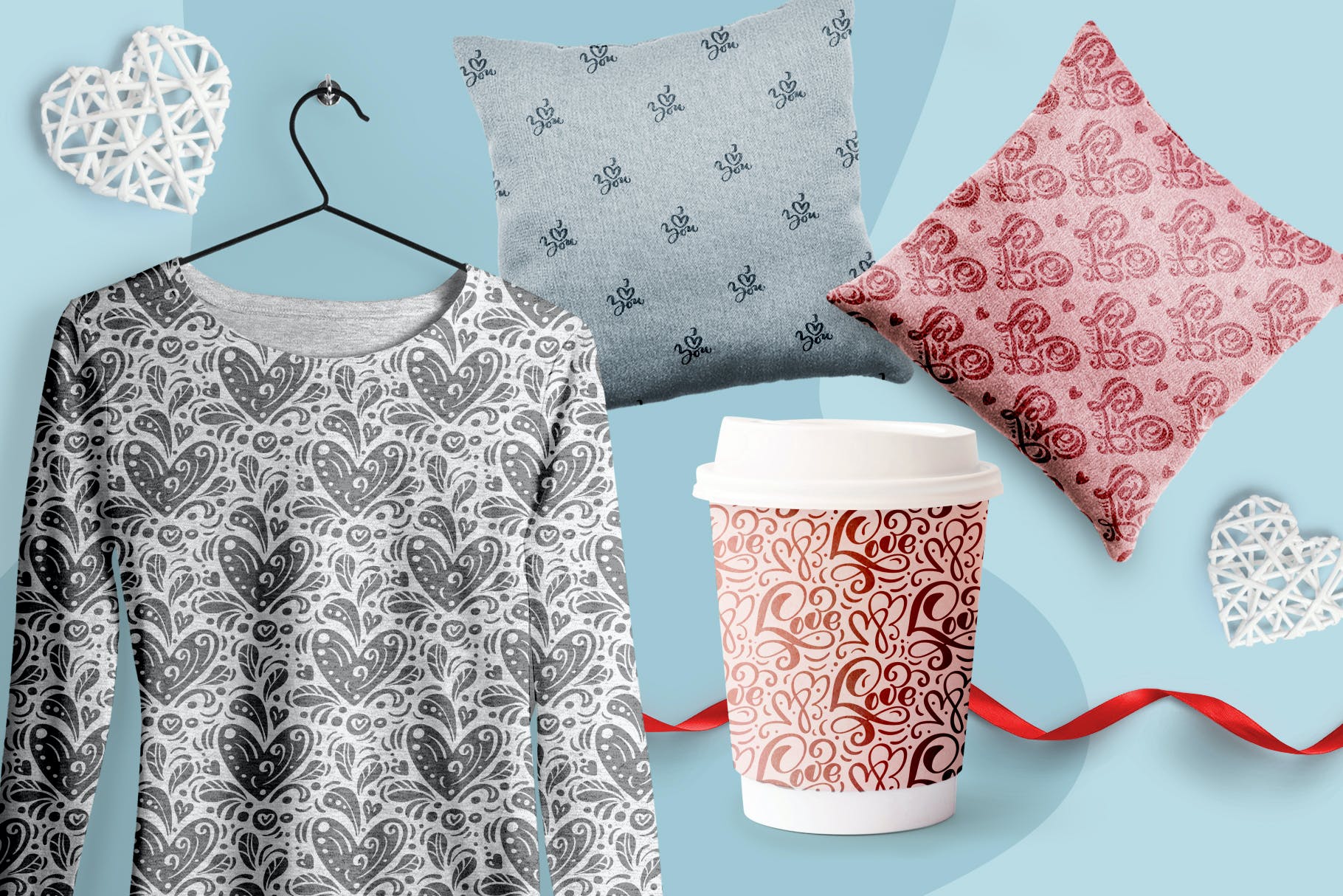 情人节爱心手绘无缝图案 Valentine`s Hand Drawn Seamless Patterns 图片素材 sucaiwan.com