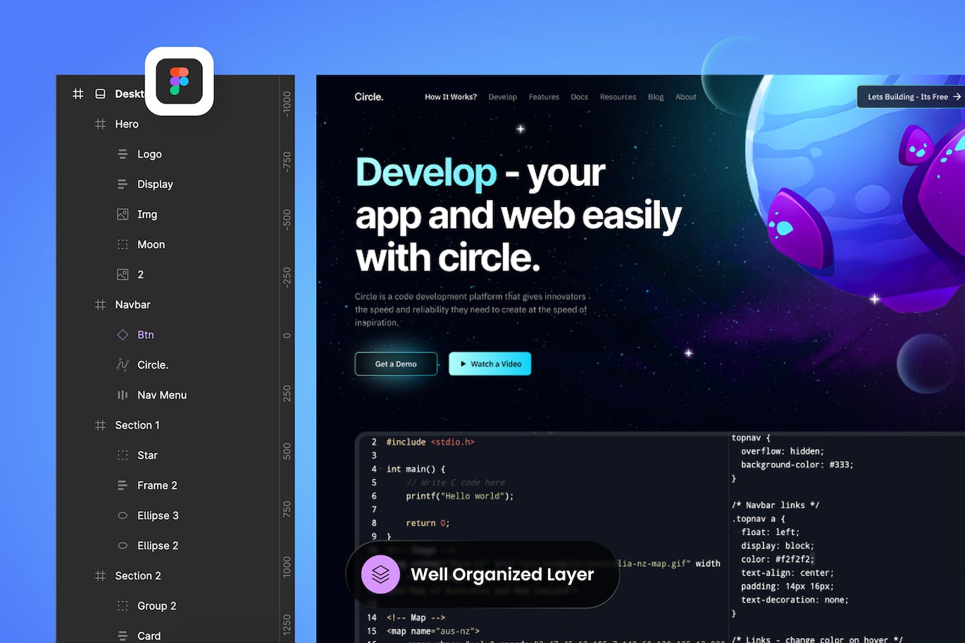 技术开发网站着陆页设计模板 Circle – Development Landing Page APP UI sucaiwan.com