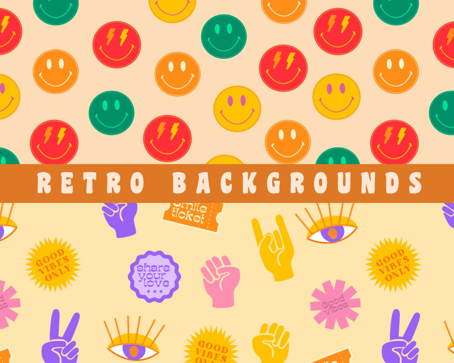 90年代复古嬉皮士无缝图案 Retro Hippie Seamless Patterns 90s 图片素材 sucaiwan.com