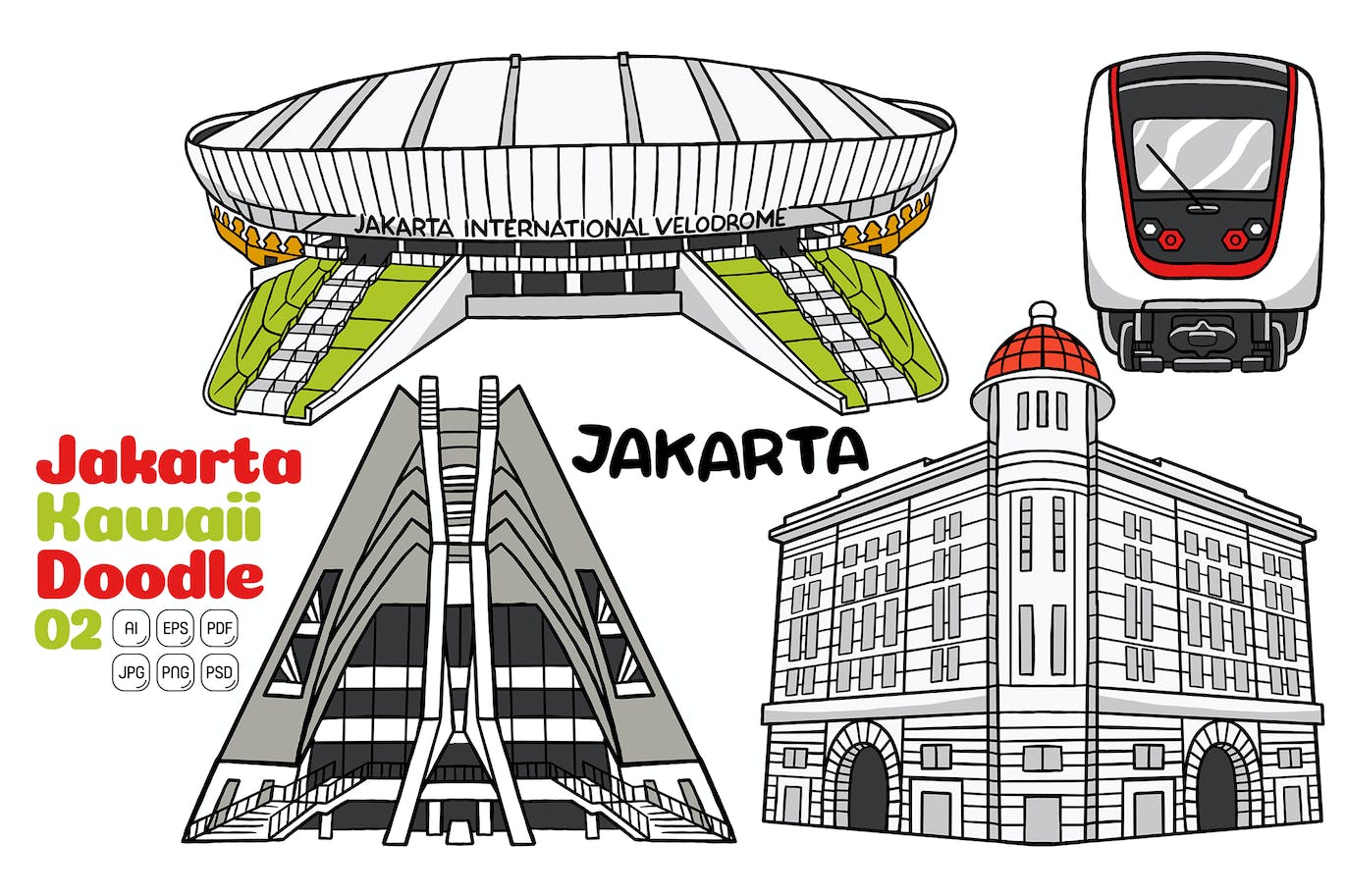 雅加达涂鸦艺术风格矢量插画 Jakarta Kawaii Doodle Vector Illustration #02 图片素材 sucaiwan.com