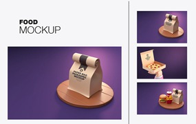 卡通快餐食品外卖包装样机图psd素材 Set Cartoon Fast Food Mockup