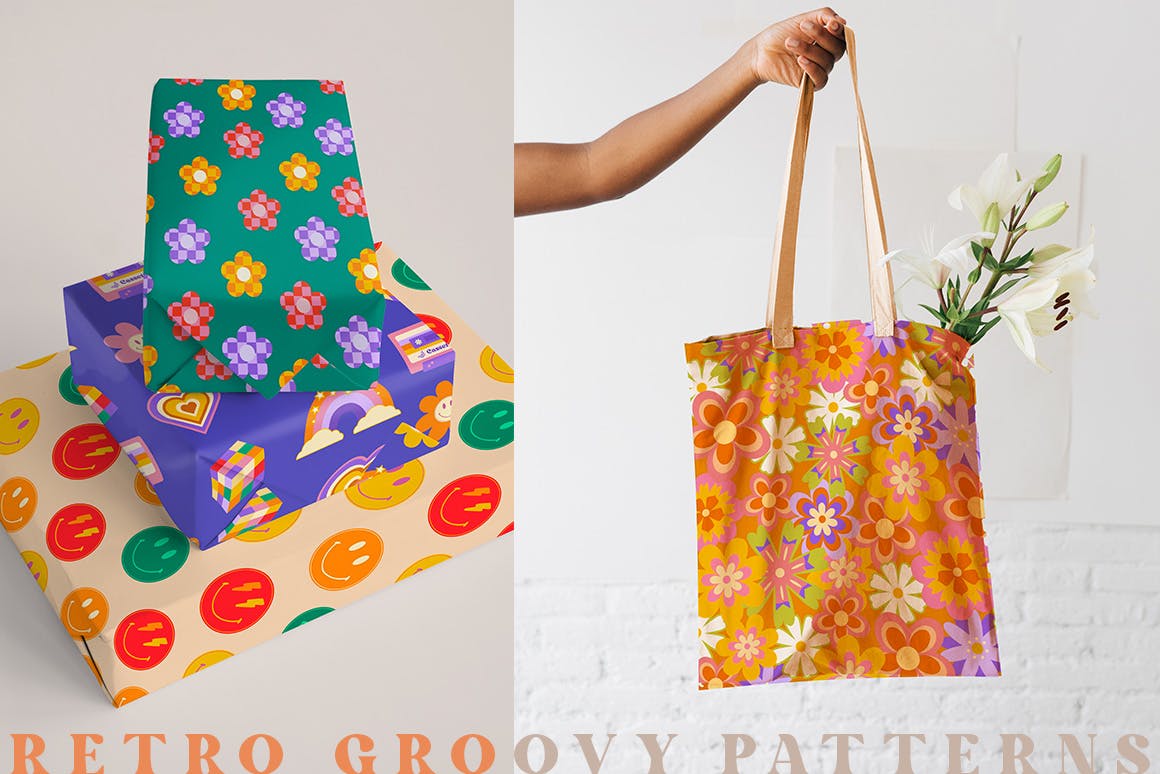90年代复古嬉皮士无缝图案 Retro Hippie Seamless Patterns 90s 图片素材 sucaiwan.com