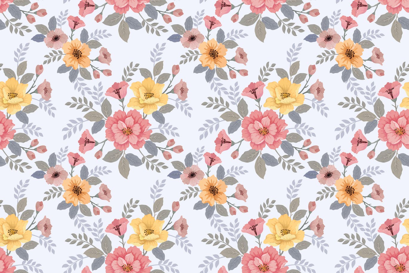 美丽的花朵和叶子无缝图案素材 Beautiful flowers and leaf seamless pattern. 图片素材 sucaiwan.com