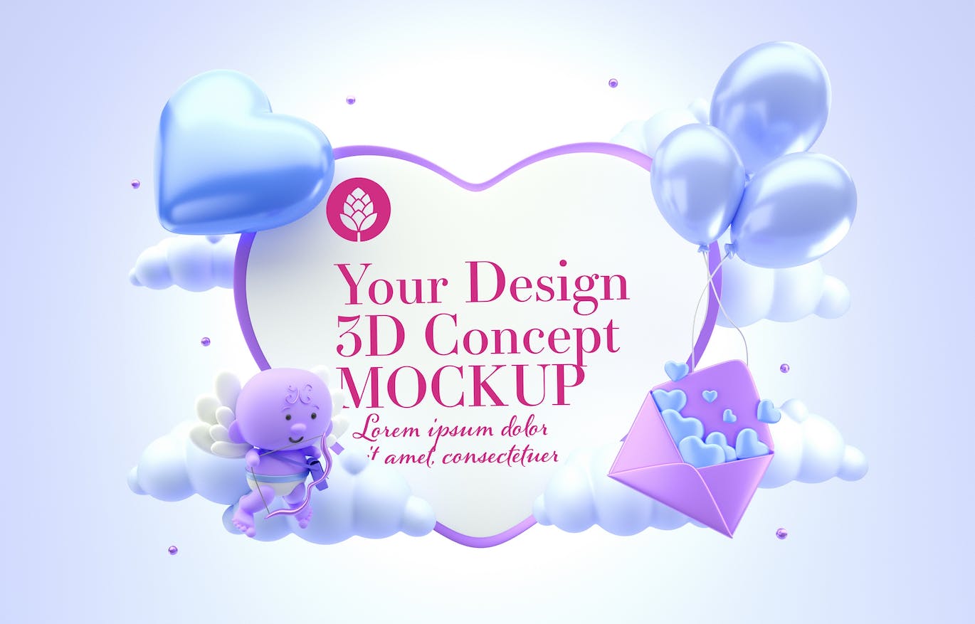 爱心情人节3D概念样机图psd素材 Set Valentine’s Day Concept Mockup 样机素材 sucaiwan.com