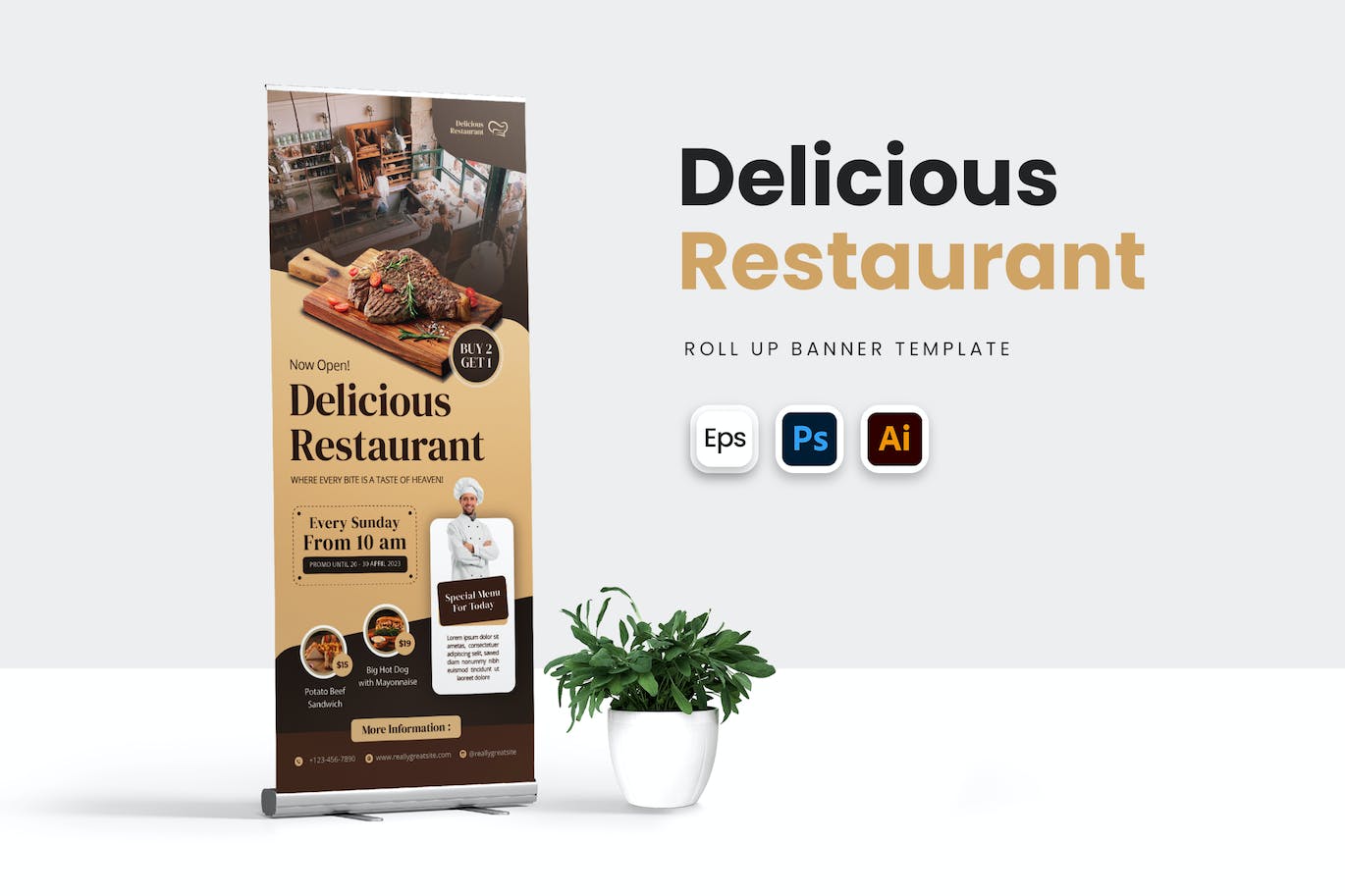 美味餐厅易拉宝模板 Delicious Resto Roll Up Banner 样机素材 sucaiwan.com