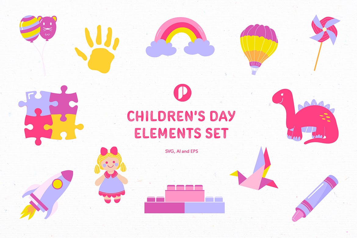 小粉红儿童节元素插画套装 Pinky children’s day elements set 图片素材 sucaiwan.com