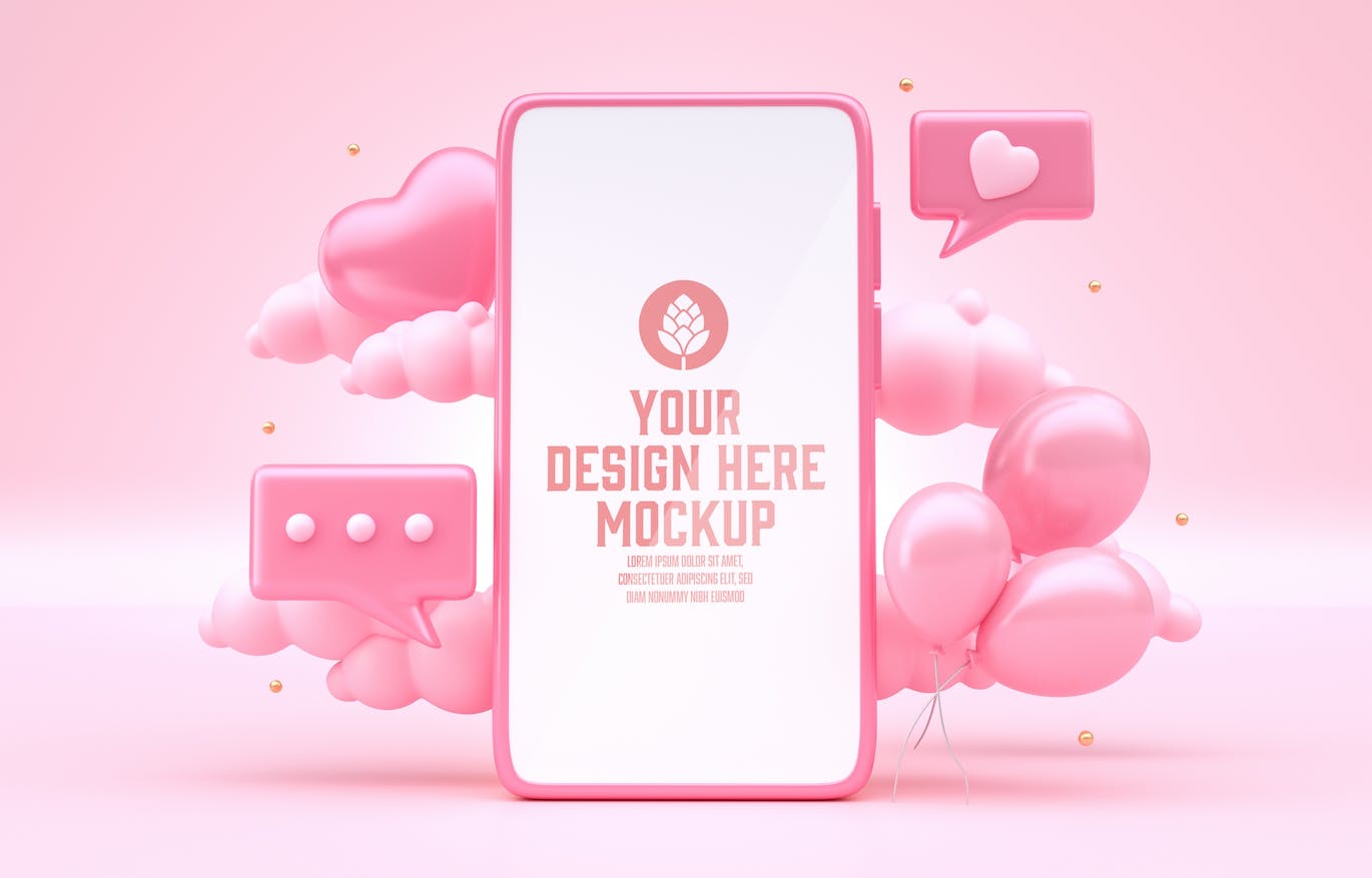 情人节3D装饰手机屏幕样机图psd素材 Set Valentine’s Day Concept with Mobile Mockup 样机素材 sucaiwan.com