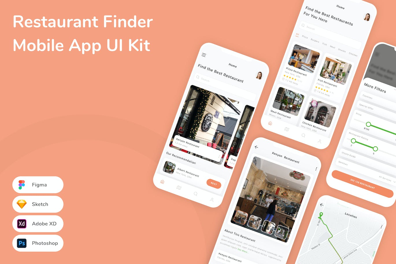餐厅搜索移动应用UI设计套件 Restaurant Finder Mobile App UI Kit APP UI sucaiwan.com