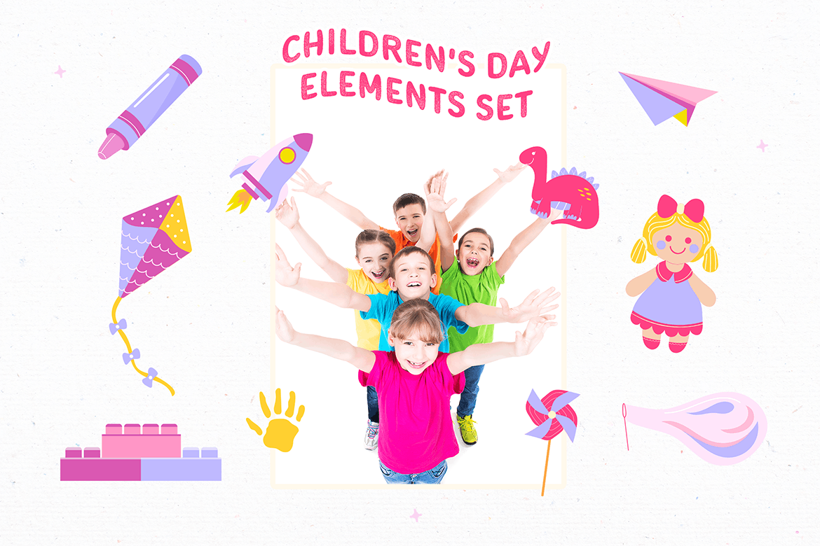 小粉红儿童节元素插画套装 Pinky children’s day elements set 图片素材 sucaiwan.com